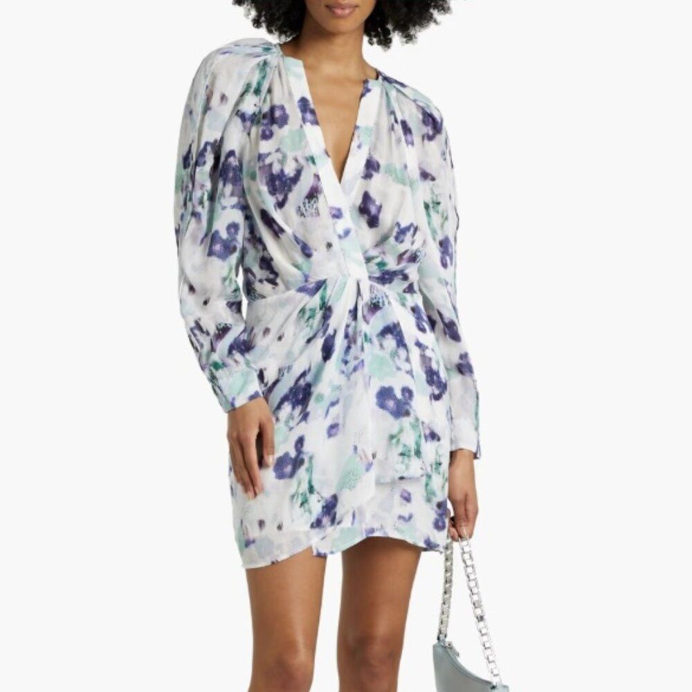 IRO Paris Odine Pleat Long Sleeve Mini Silk Blend Wrap Chiffon Dress FR 38 US 6